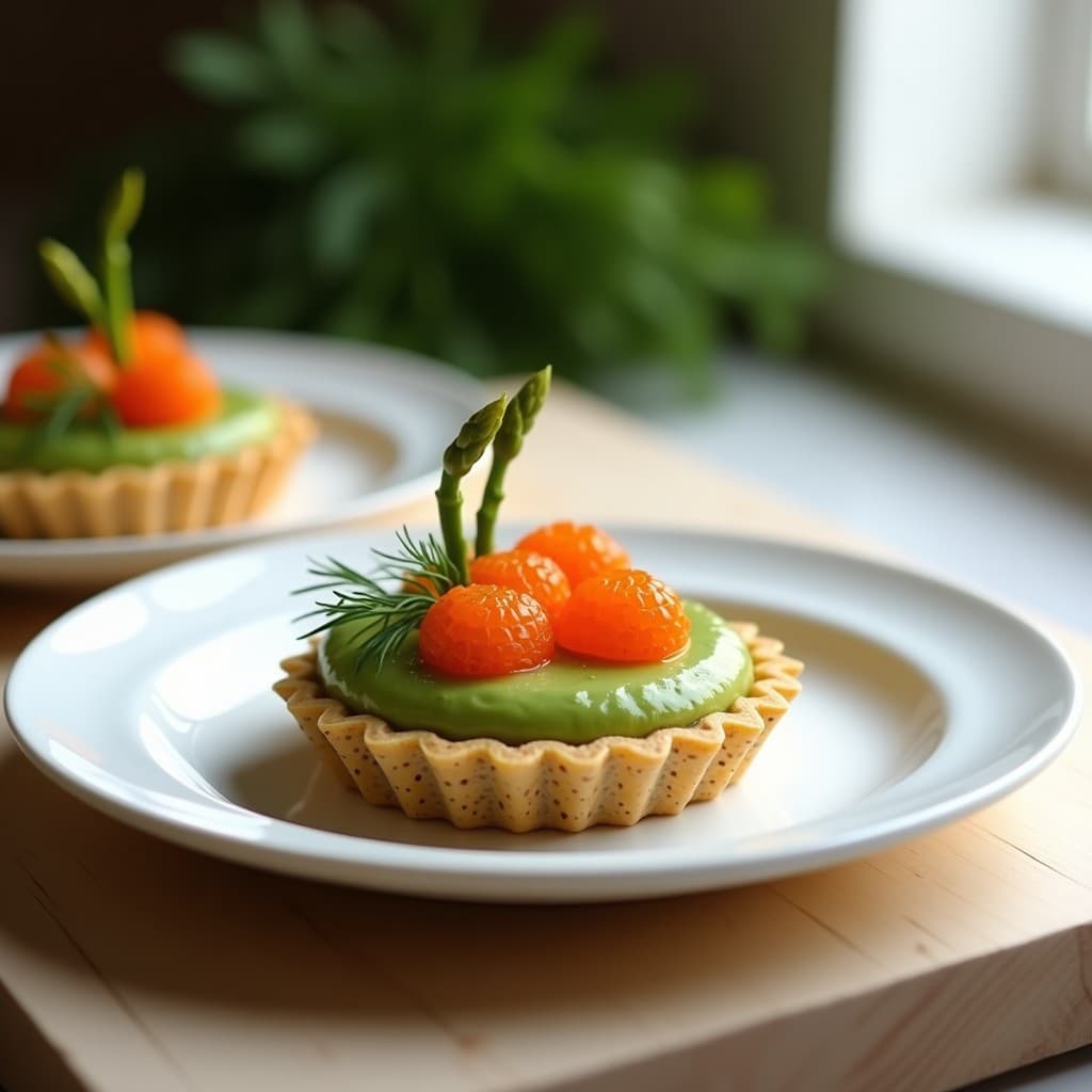 Tartaleta escandinava alta en omega-3 con base dorada de semillas de chía, rellena de crema verde de espárragos trigueros y decorada con huevas de trucha naranjas y eneldo fresco, servida en plato blanco rústico.