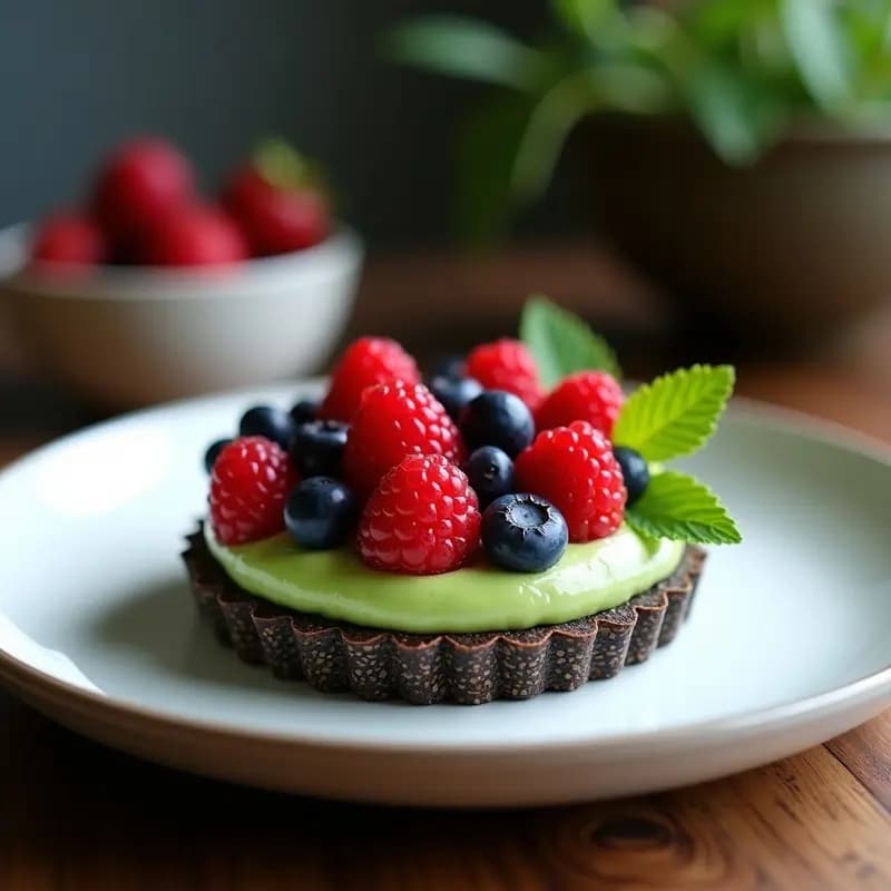 Tartaleta crudivegana con base oscura de semillas de chía y almendras, rellena de crema verde de matcha y decorada con frutos rojos frescos (fresas, arándanos y frambuesas) sobre un plato blanco.