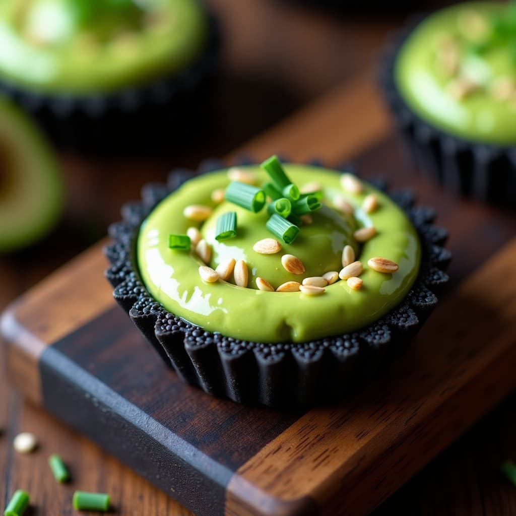 Tartaleta crudivegana japonesa con base de sésamo negro tostado, rellena de crema verde de wasabi y aguacate, decorada con cebollino y semillas de sésamo blanco sobre fondo rústico de madera.
