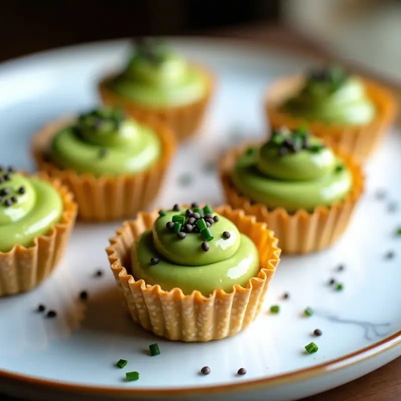 Tartaleta vegana japonesa con base dorada de sésamo tostado, rellena de crema de aguacate verde y wasabi, decorada con semillas de sésamo negro y cebollino picado sobre fondo blanco.