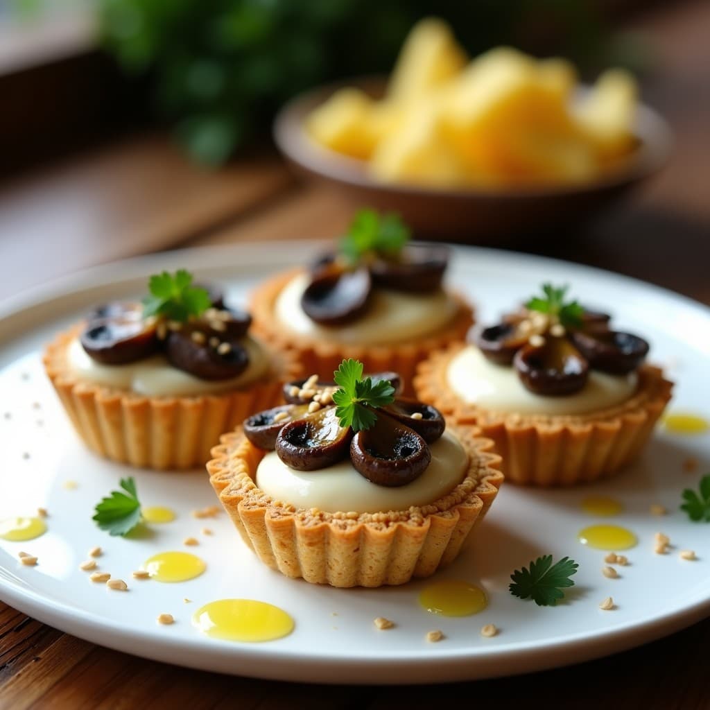 Tartaleta vegana con base dorada de avena y lino, rellena de tofu de seda cremoso y champiñones al ajillo brillantes, decorada con perejil fresco y semillas de sésamo, servida en plato blanco.