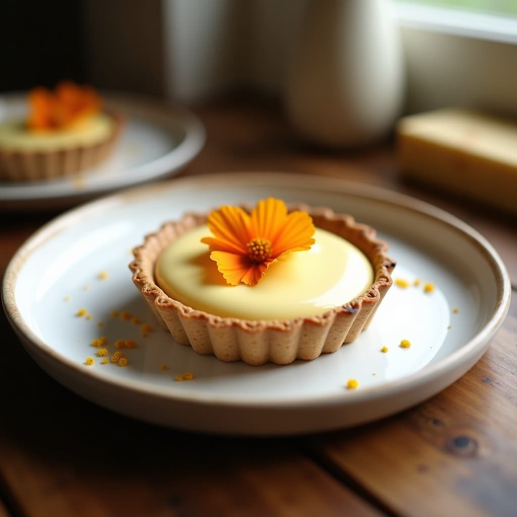 Tartaleta dorada de buckwheat con base crujiente y crema de caléndula amarilla suave, decorada con pétalos naranjas comestibles, servida en plato blanco rústico con fondo borroso de cocina francesa.