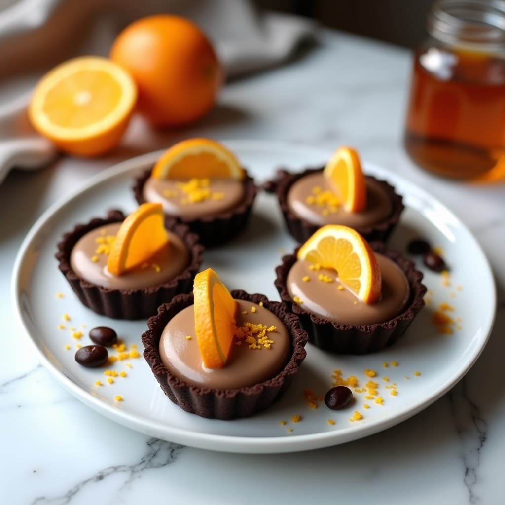 Tartaletas veganas de cacao y naranja en moldes individuales, base oscura de almendras y dátiles con relleno cremoso color marrón claro, decoradas con ralladura de naranja y virutas de cacao.