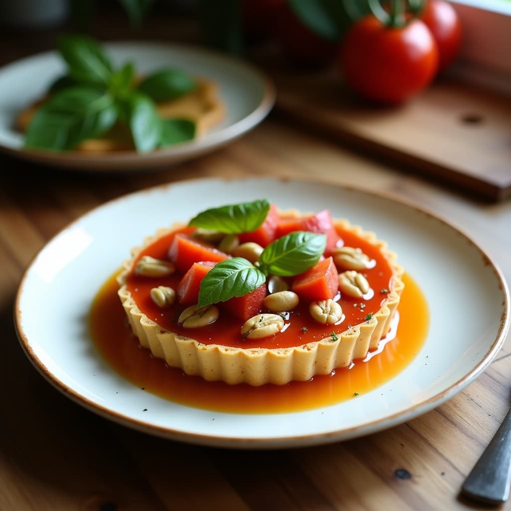 Tartaleta vegana de remolacha y nueces en molde individual, base dorada de nueces y dátiles con relleno cremoso color fucsia, decorada con arándanos frescos y espolvoreada con cacao.