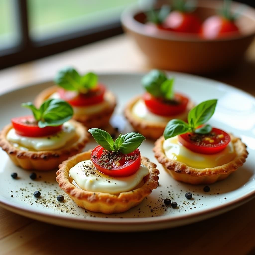 Tartaletas doradas de masa quebrada con zaatar, rellenas de queso burrata cremoso y tomate confitado, decoradas con hojas de albahaca fresca y un hilo de aceite de oliva.
