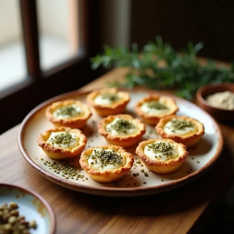 Tartaletas doradas al horno con relleno cremoso de queso de cabra, espolvoreadas con zaatar y semillas de sésamo, servidas en bandeja rústica.