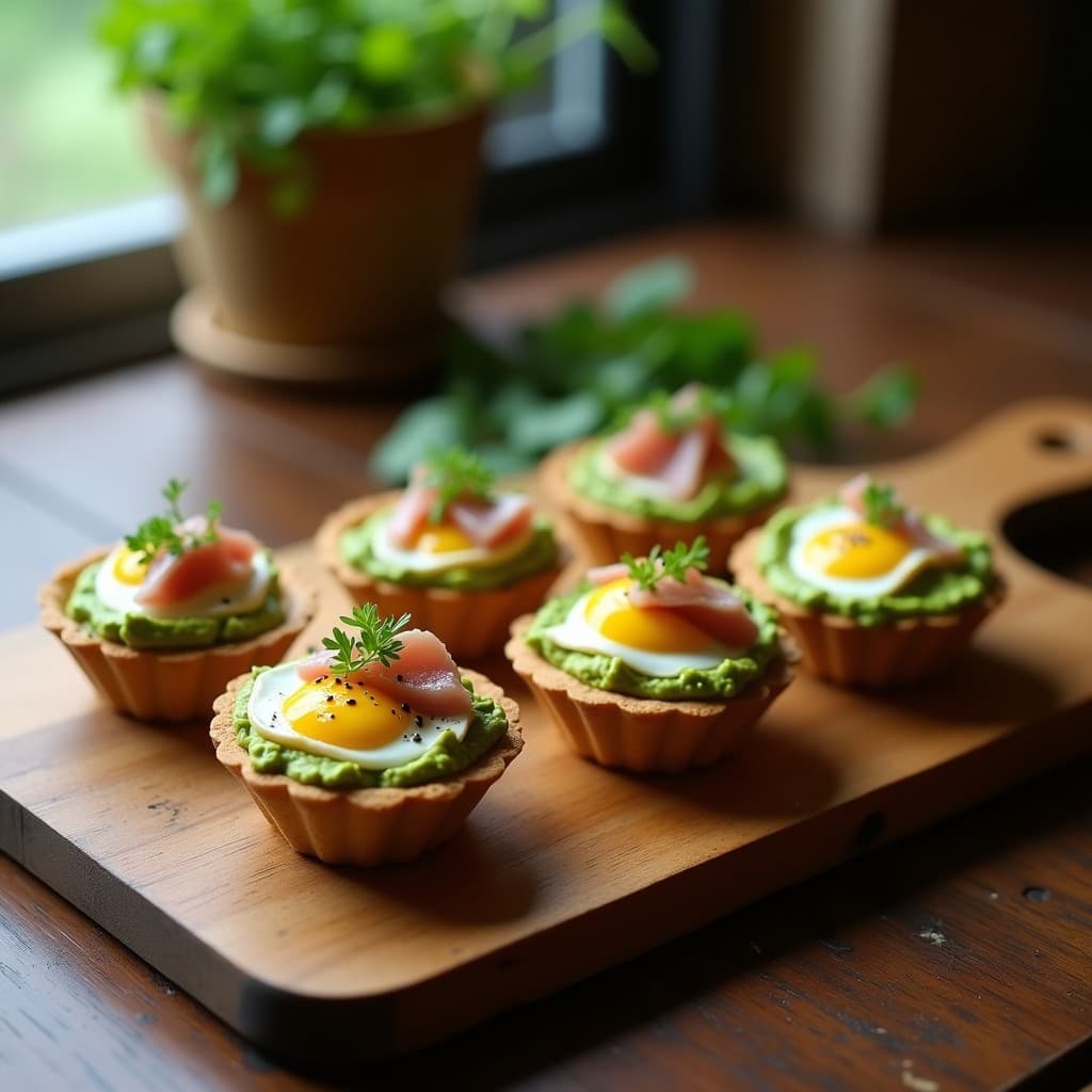 Tartaletas crujientes sin gluten rellenas de crema de aguacate, atún desmenuzado y coronadas con huevo poché de yema líquida, servidas en bandeja de madera con hierbas frescas.