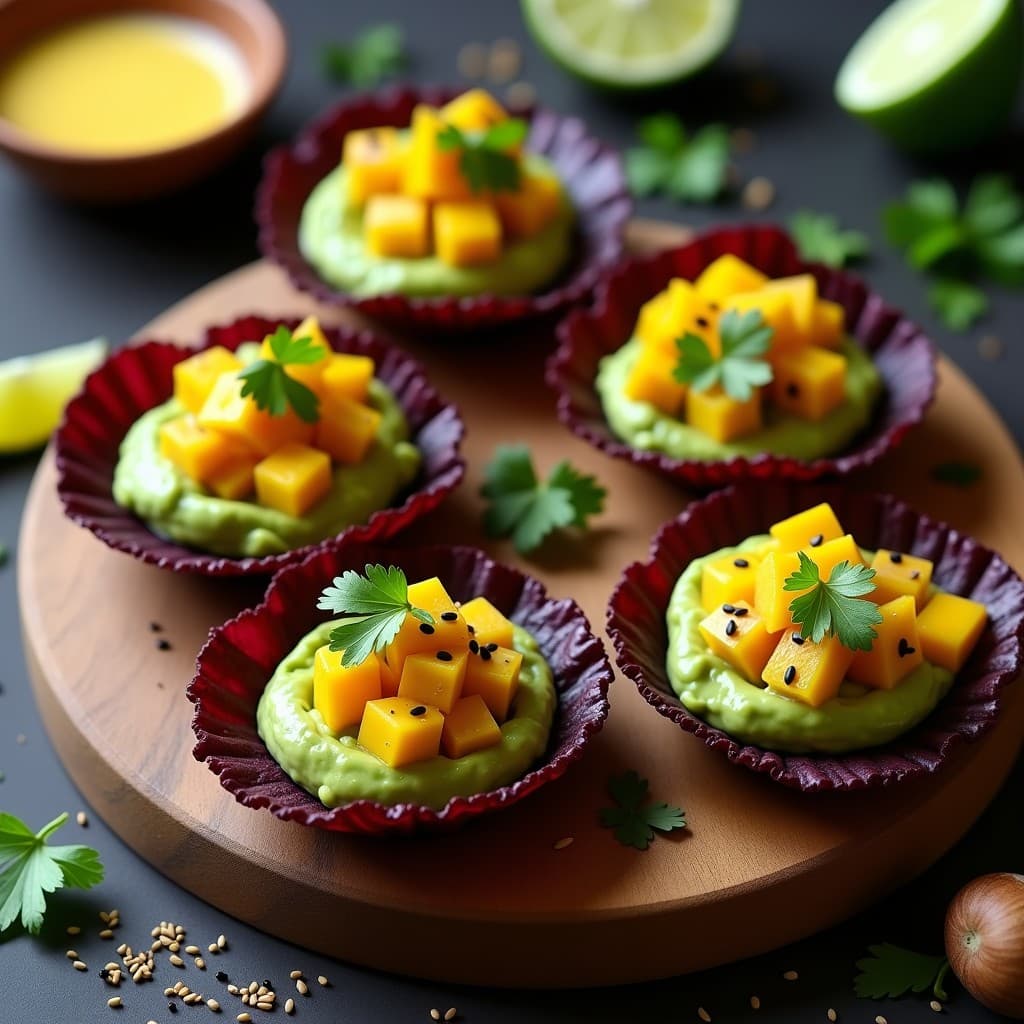 Tartaletas veganas peruanas con base de tortita de maíz morado, cremoso aguacate, ceviche de mango y hongos shiitake marinado en leche de tigre ciudadana, decorado con semillas de sésamo negro y cilantro fresco.