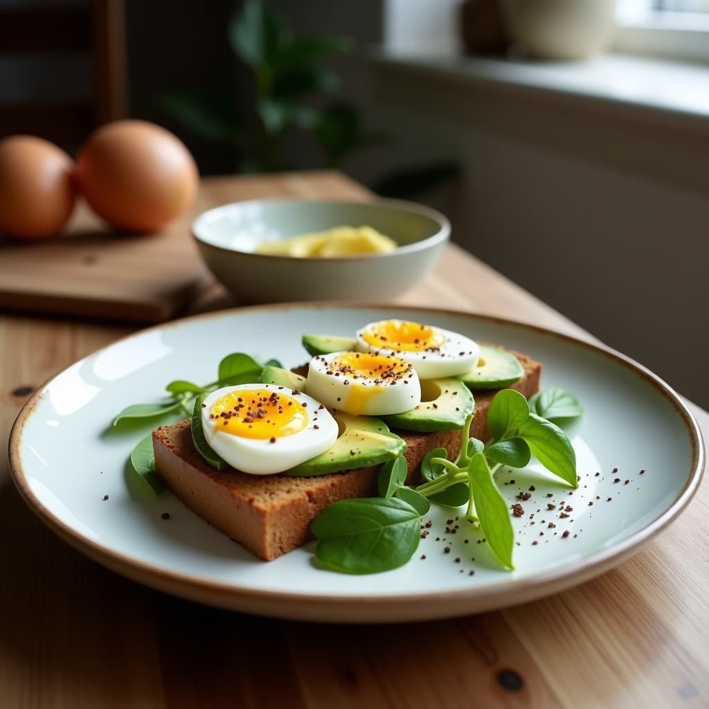 Tartaletas escandinavas para brunch con base crujiente de pan de centeno, crema de aguacate verde suave, huevos de codorniz escalfados con yema líquida, decoradas con semillas de sésamo, eneldo fresco y cebollino sobre fondo rústico de madera.