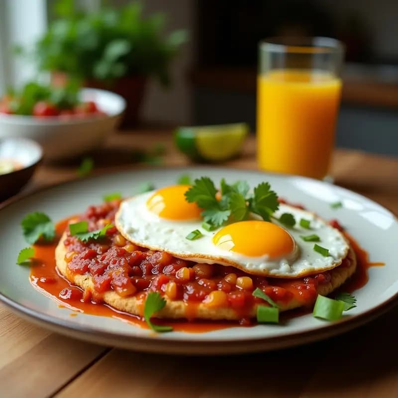 Tartaletas doradas de masa de almendra rellenas de aguacate en cubos, huevos pochados con yema líquida y bañadas en salsa roja de chile de árbol, decoradas con queso fresco y cilantro. Plato de brunch mexicano keto servido en bandeja rústica de madera.