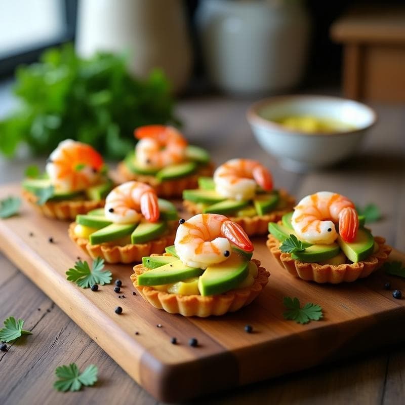 Tartaletas de aguacate y langostinos en airfryer sin masa, con base dorada crujiente de garbanzos, rellenas de cremoso aguacate y langostinos marinados en vinagreta de limón, decoradas con semillas de sésamo negro y perejil fresco.