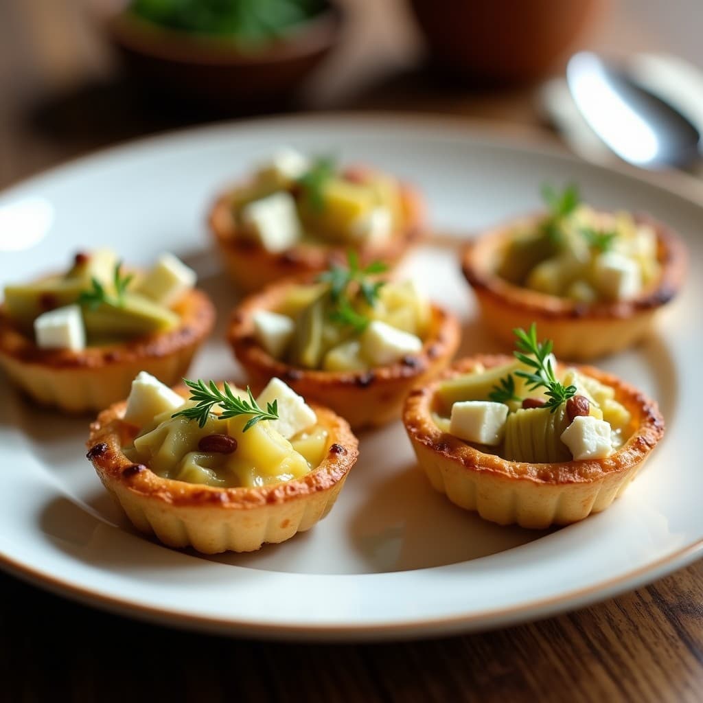 Tartaletas doradas y crujientes de alcachofa y queso de cabra en airfryer, servidas en plato blanco con piñones tostados y perejil fresco, receta sin gluten y alta en proteína.