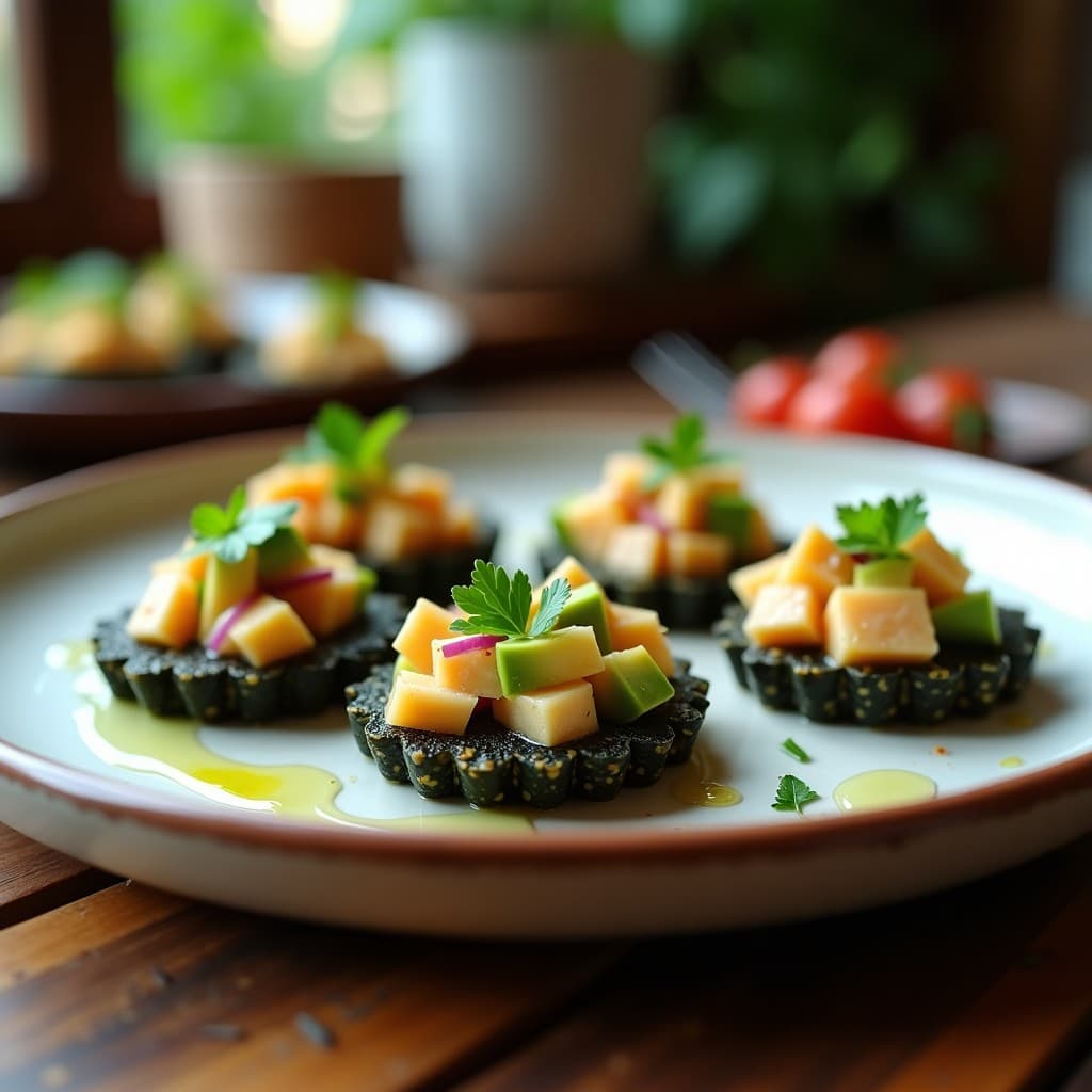 Tartaletas crudiveganas de base de algas nori crujientes rellenas de ceviche de corvina fresca, cebolla morada, pimiento amarillo y aguacate en láminas, decoradas con semillas de sésamo y cilantro sobre una fuente de madera.