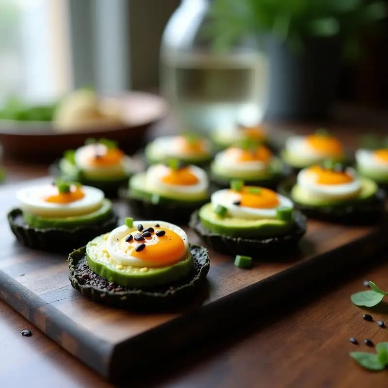 Tartaletas keto de algas nori con relleno cremoso de queso de cabaña y aguacate, coronadas con huevo de codorniz y semillas de sésamo negro, servidas en una bandeja de madera.