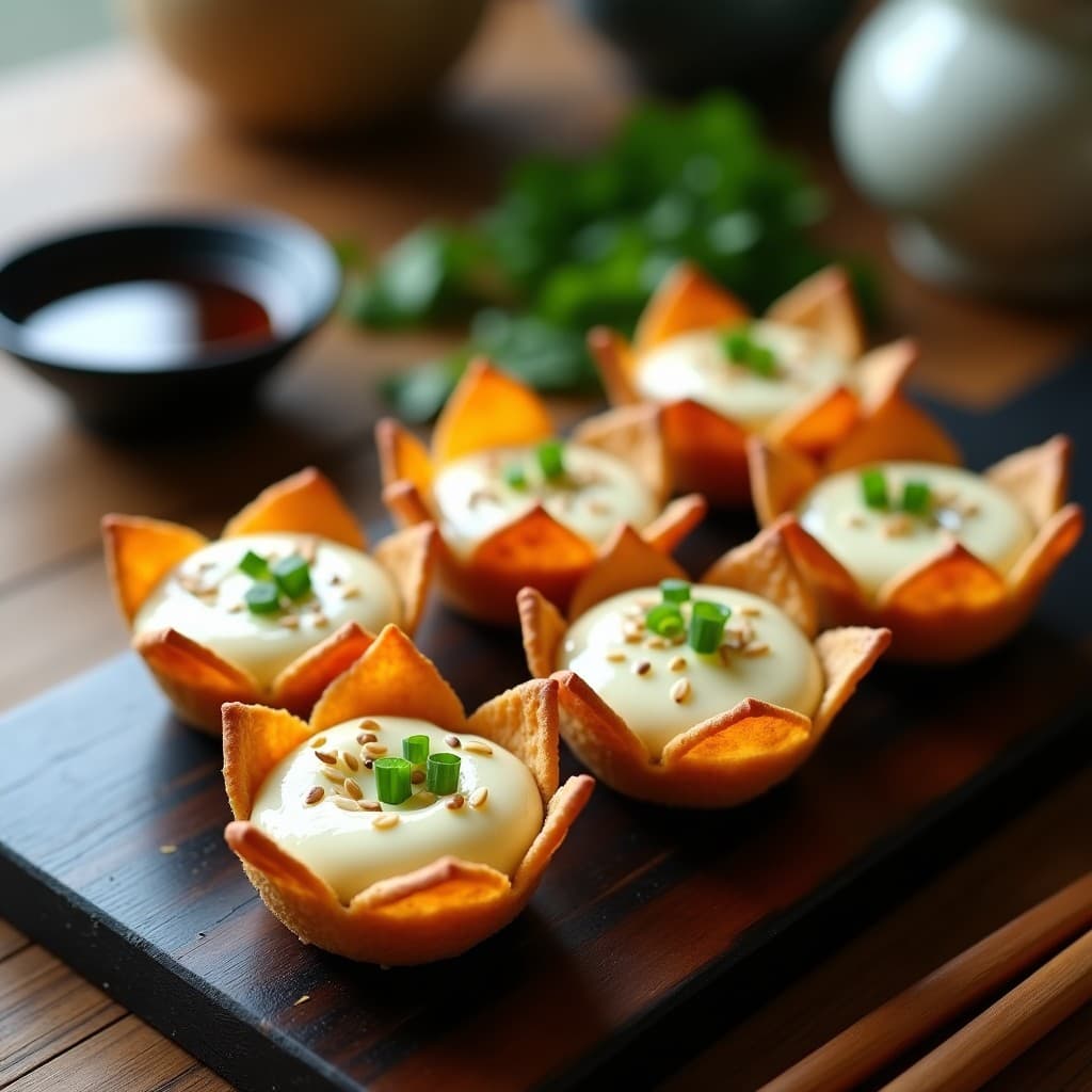 Tartaletas de algas nori crujientes rellenas de queso crema sedoso, decoradas con semillas de sésamo y cebollino, aperitivo japonés en airfryer sobre bandeja de madera.