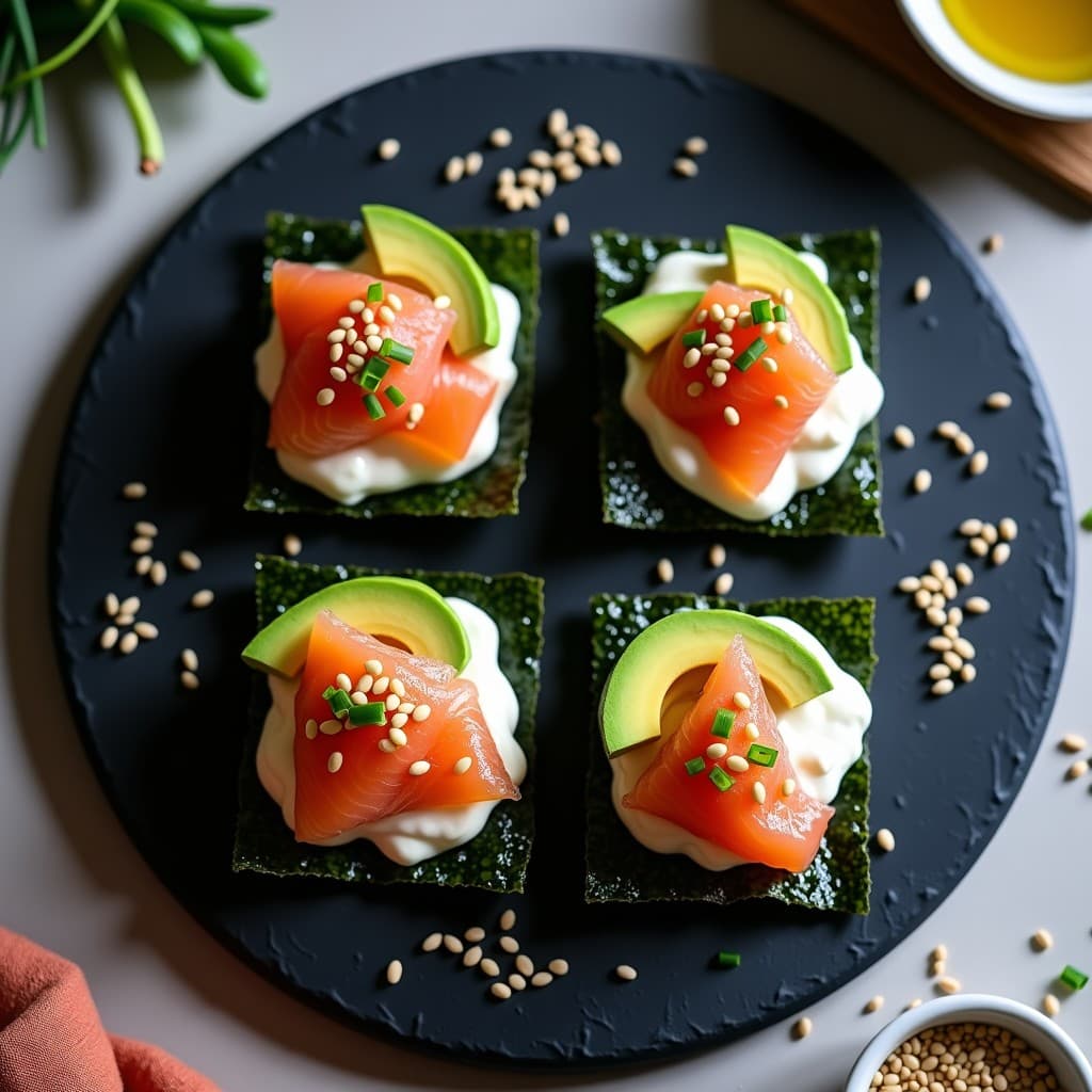 Tartaletas japonesas de algas nori rellenas de crema de anacardos, salmón ahumado y aguacate, decoradas con semillas de sésamo y cebollino sobre fondo oscuro.
