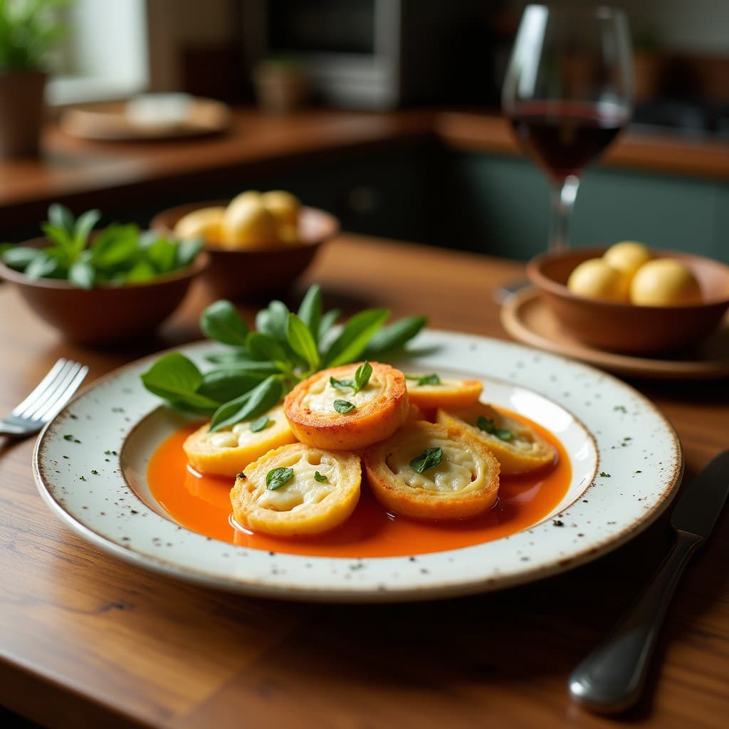Tartaletas doradas y crujientes en molde de silicona, rellenas de una crema amarilla de queso de cúrcuma y algas wakame, decoradas con semillas de sésamo negro y cebollino fresco. Plato minimalista con fondo de madera clara y hoja de alga nori como detalle.
