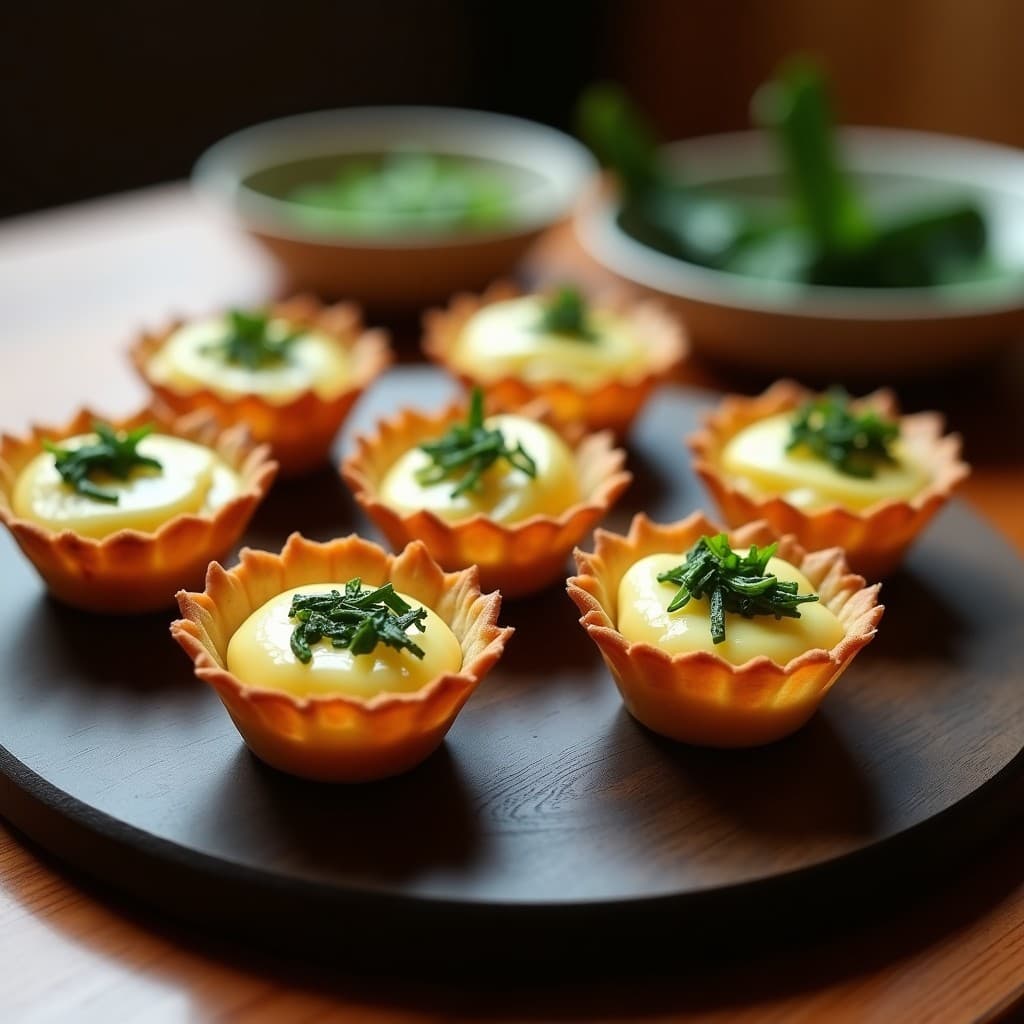 Tartaletas doradas y crujientes rellenas de queso vegano cremoso de semillas de girasol, coronadas con algas wakame picadas y cebollino fresco. Plato japonés sin gluten servido en bandeja de madera con fondo borroso.