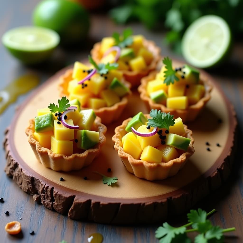 Tartaletas crudiveganas de masa de almendra dorada rellenas de ceviche fresco de mango y aguacate, decoradas con semillas de sésamo negro y cilantro. Plato colorido con toques peruanos, ideal como aperitivo saludable y sin gluten.