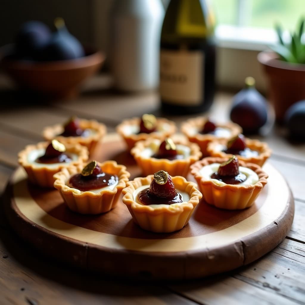 Tartaletas doradas de masa de almendra rellenas de crema de hígado de pato y mermelada de higo, decoradas con hojas de oro comestible sobre una tabla de madera rústica, estilo entrante francés gourmet.