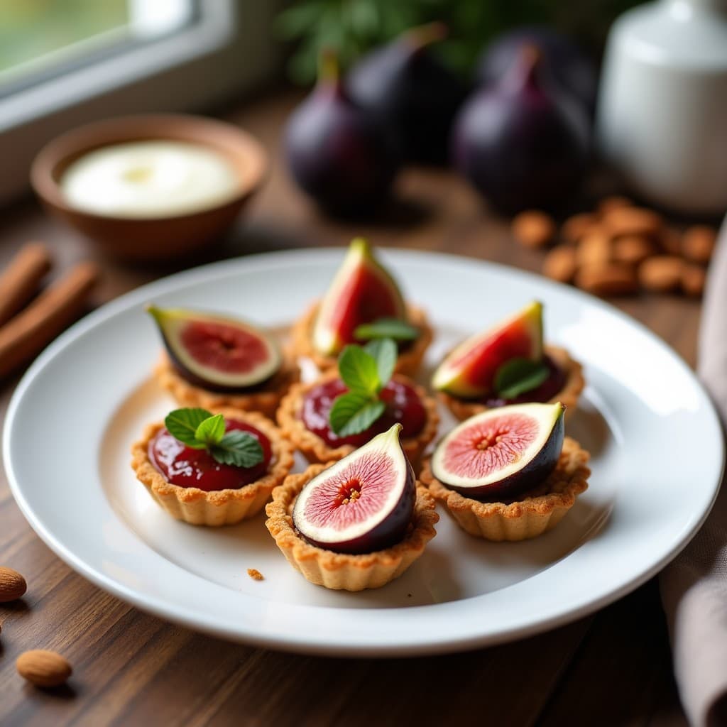 Tartaletas de almendra y higos frescos sin azúcar en moldes individuales, con base dorada crujiente, crema de anacardos cremosa y láminas de higos frescos dispuestos en abanico, espolvoreadas con canela, sobre fondo blanco rústico.