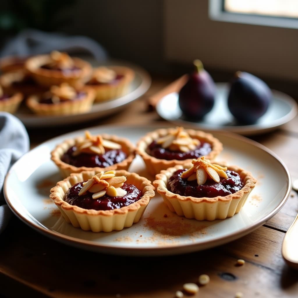 Tartaletas de base dorada de almendra con relleno brillante de compota de higuera, decoradas con almendras fileteadas y un toque de canela en polvo. Postre sin gluten con presentación elegante en molde individual.
