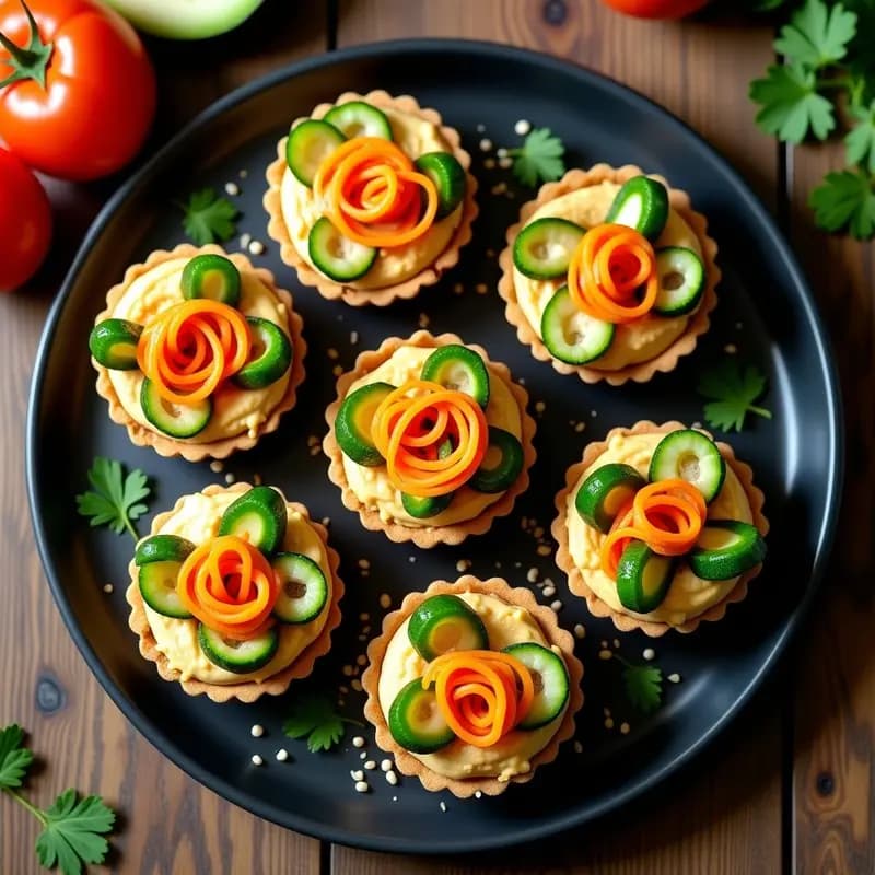 Tartaletas de masa de almendra dorada con relleno cremoso de hummus y espirales coloridas de zanahoria, calabacín y pepino, decoradas con sésamo y perejil. Plato viral y visualmente impactante, perfecto para redes sociales.
