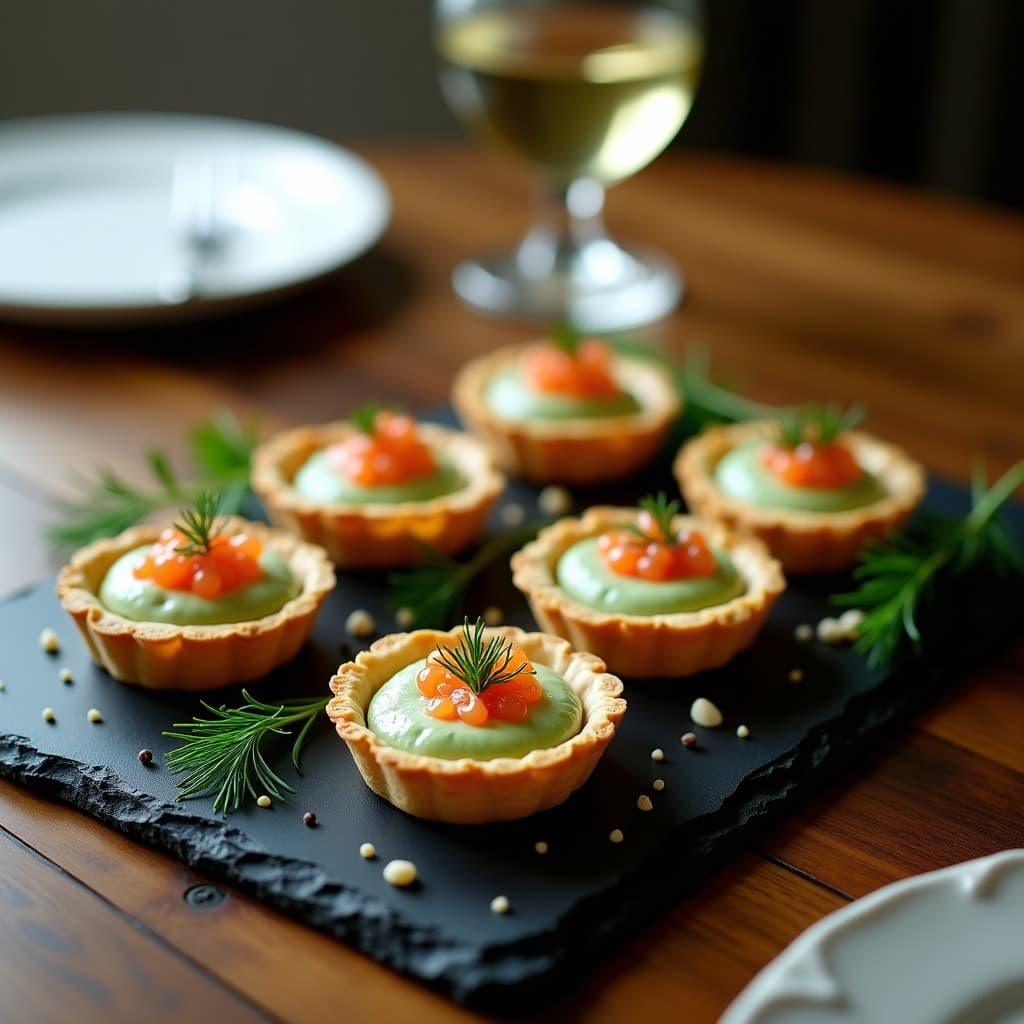 Tartaletas gourmet de base dorada de almendras rellenas de crema suave de espárragos blancos, coronadas con huevas de trucha ahumada y eneldo fresco. Plato elegante sobre fondo oscuro con detalles rústicos.