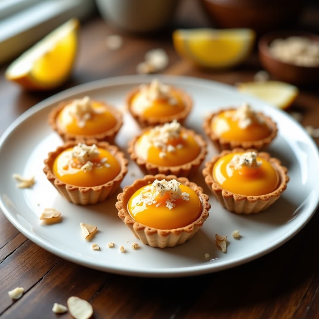 Tartaletas keto colombianas con base dorada de almendras y relleno cremoso de higuerilla, coronadas con coco rallado y semillas de chía sobre un plato de cerámica blanca.