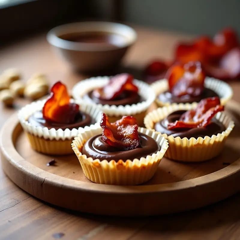 Tartaletas keto de base dorada de anacardos con relleno brillante de chocolate negro y trocitos de bacon crujiente, servidas en capacillos de papel sobre una bandeja de madera rústica.