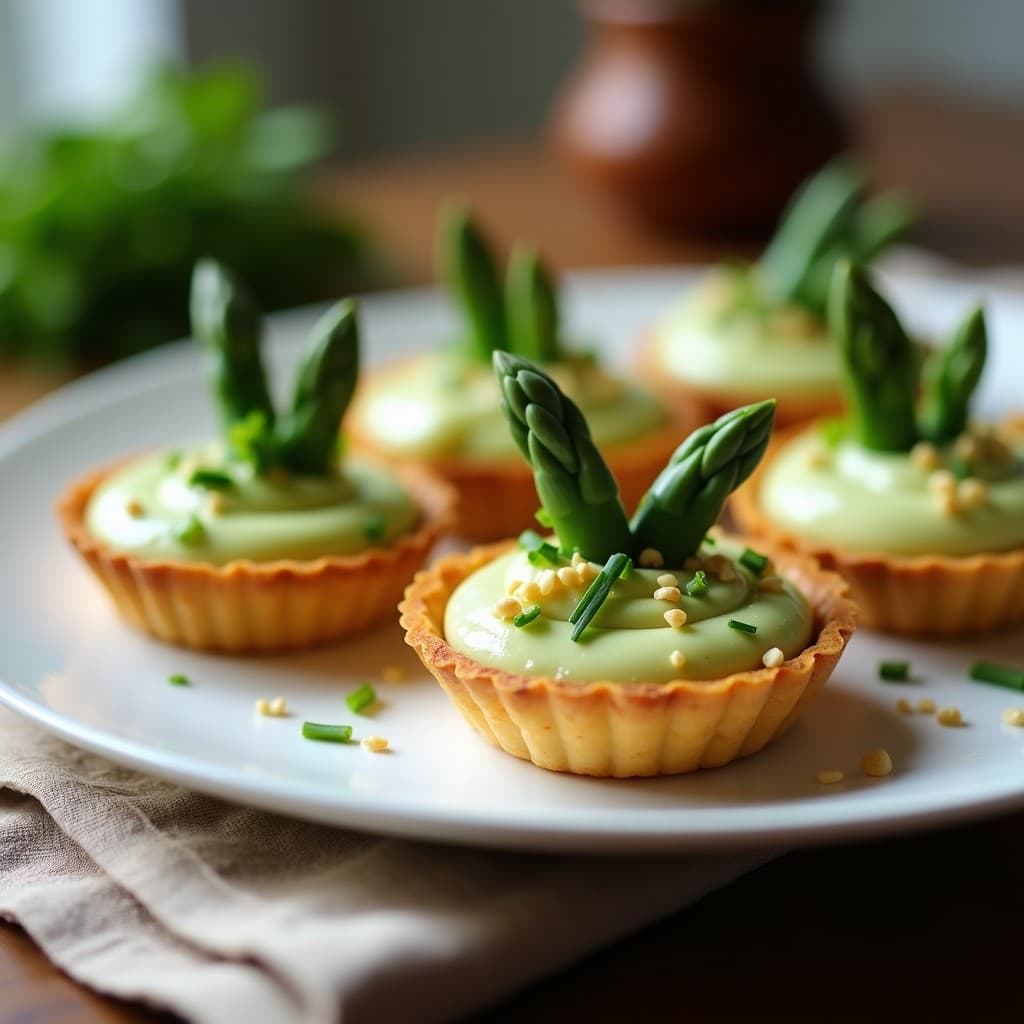 Tartaletas veganas sin horno con base dorada de anacardos y relleno cremoso de espárragos verdes y azafrán, decoradas con puntas de espárragos, cebollino picado y semillas de sésamo tostadas sobre un plato de cerámica blanca.