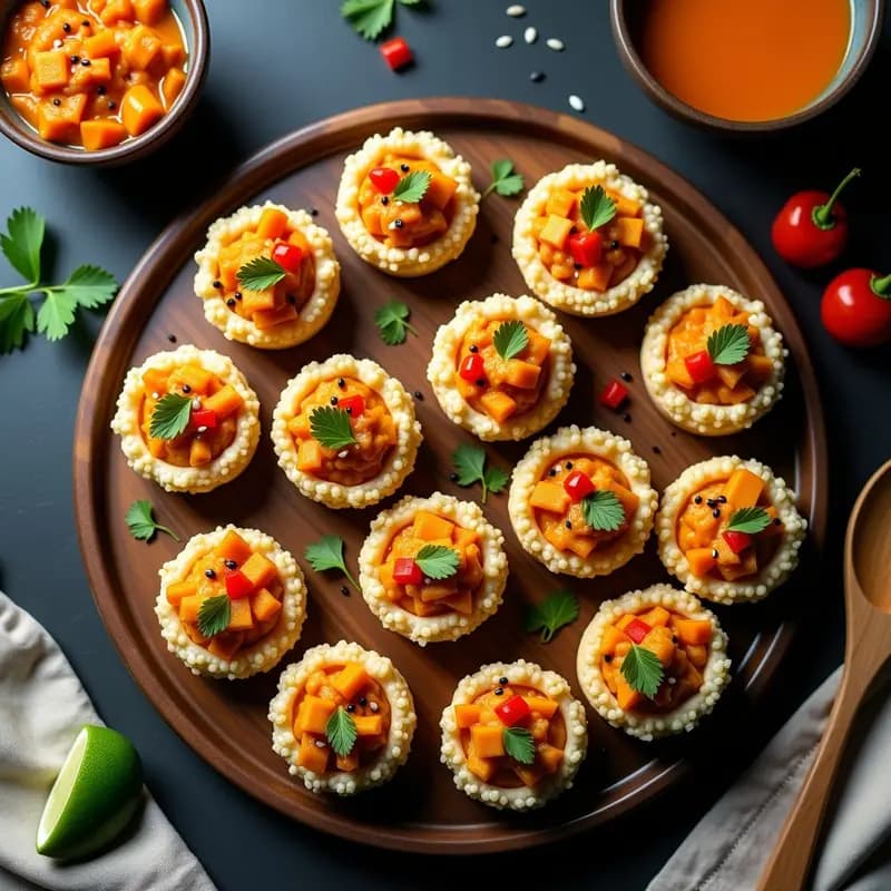 Tartaletas doradas de masa de arroz sin gluten rellenas de curry tailandés cremoso con pollo, pimiento rojo y semillas de sésamo negro, servidas en bandeja de madera con hojas de cilantro fresco.
