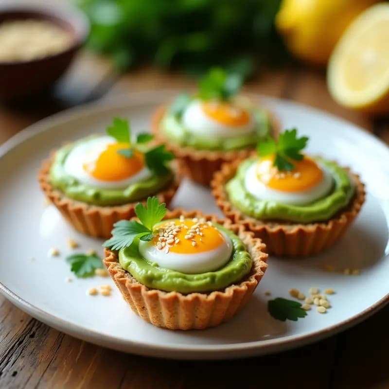 Tartaletas doradas de base de avena rellenas de crema verde de aguacate, coronadas con huevo pochado de yema líquida, decoradas con semillas de sésamo negro y microvegetales sobre una bandeja de madera rústica. Receta de desayuno proteico y estético.