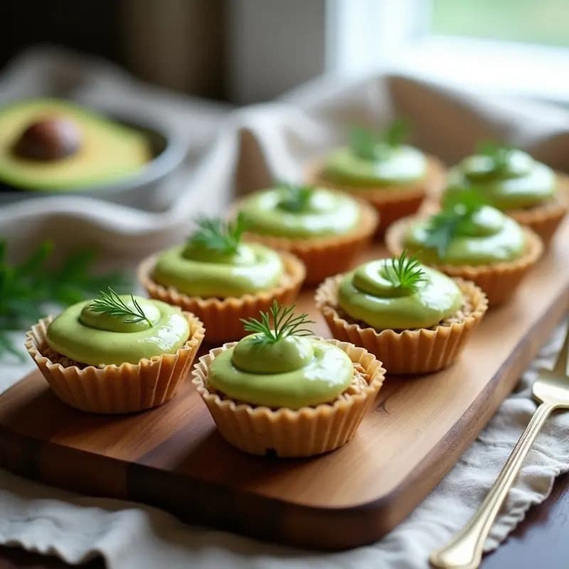 Tartaletas de base dorada de avena y semillas con relleno cremoso de aguacate y eneldo fresco, servidas en capacillos de papel sobre una tabla de madera rústica.