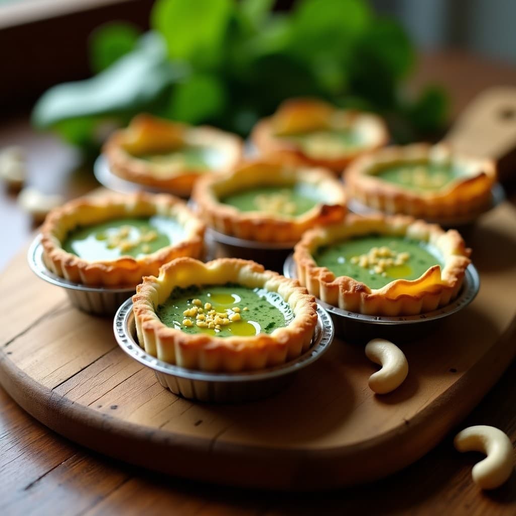 Tartaletas doradas de base de almendra con relleno cremoso verde de espinacas y queso de anacardos, decoradas con semillas de sésamo negro y un hilo de aceite de oliva, servidas en bandeja rústica de madera sobre fondo oscuro.