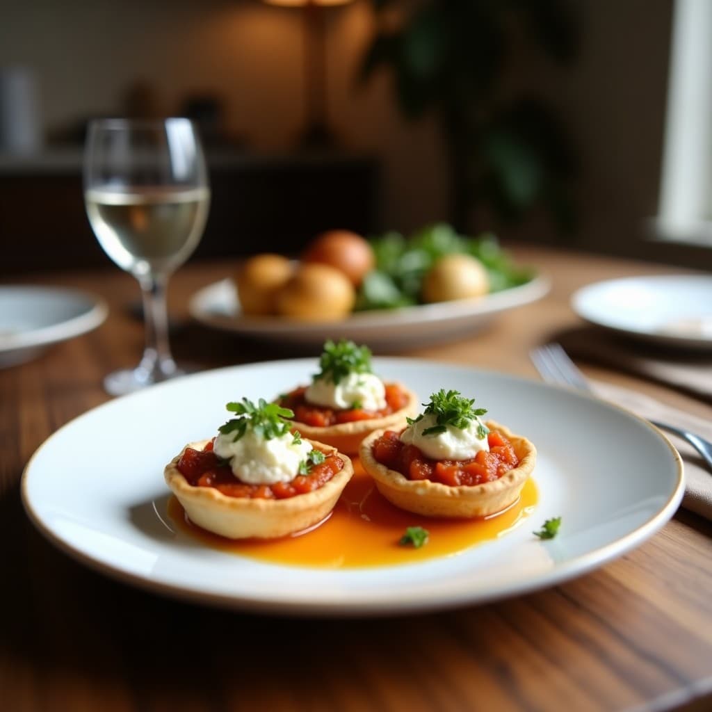 Tartaletas individuales con base dorada de cacahuete, rellenas de mermelada de higo brillante y queso de cabra cremoso espolvoreado con romero fresco, servidas en una bandeja de madera rústica.