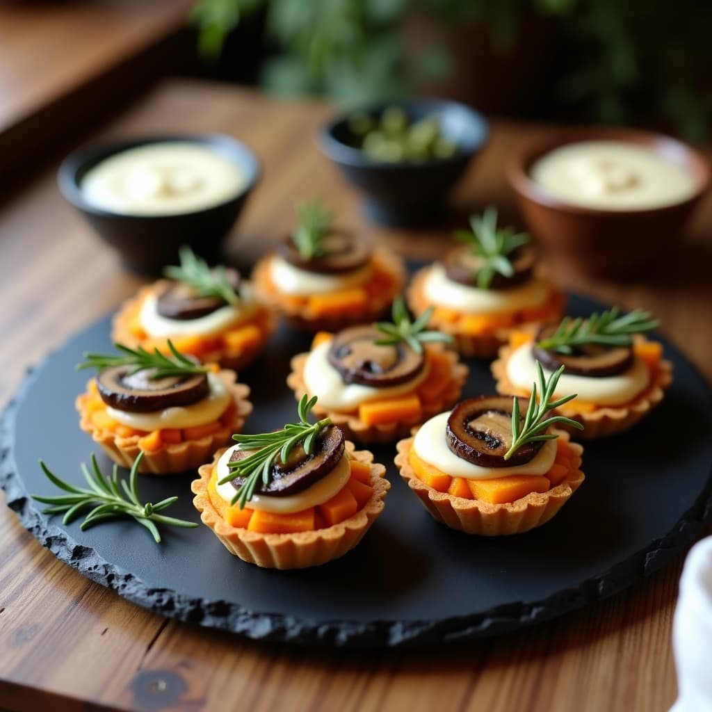 Tartaletas veganas crujientes con base dorada de masa de garbanzo, rodajas de batata naranja asada, champiñones portobello salteados y crema sedosa de anacardos, decoradas con romero fresco sobre un plato de pizarra.