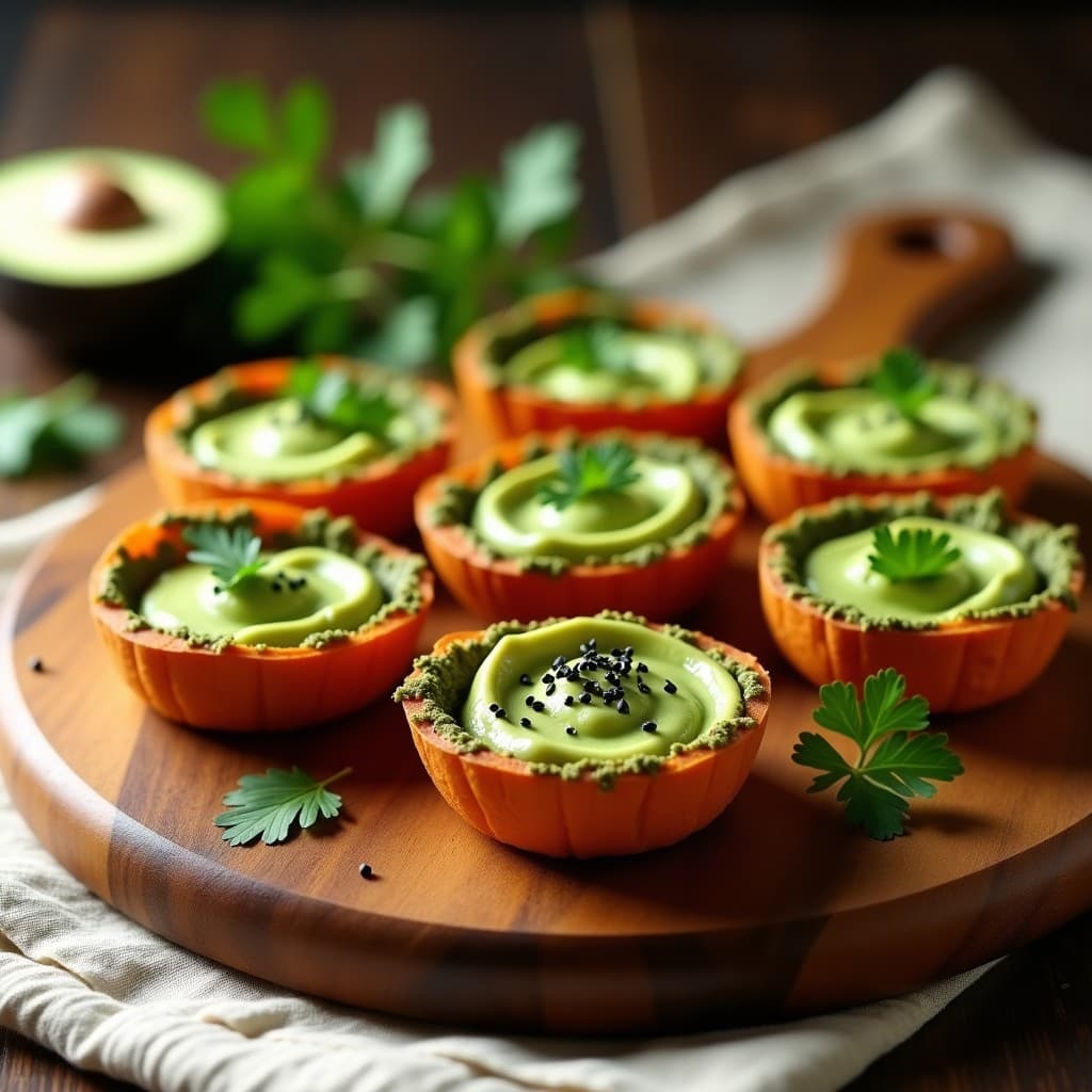 Tartaletas crujientes de batata naranja con espirulina, servidas en bandeja de madera con dip cremoso de aguacate y decoradas con semillas de sésamo negro. Aperitivo vegano saludable y colorido.