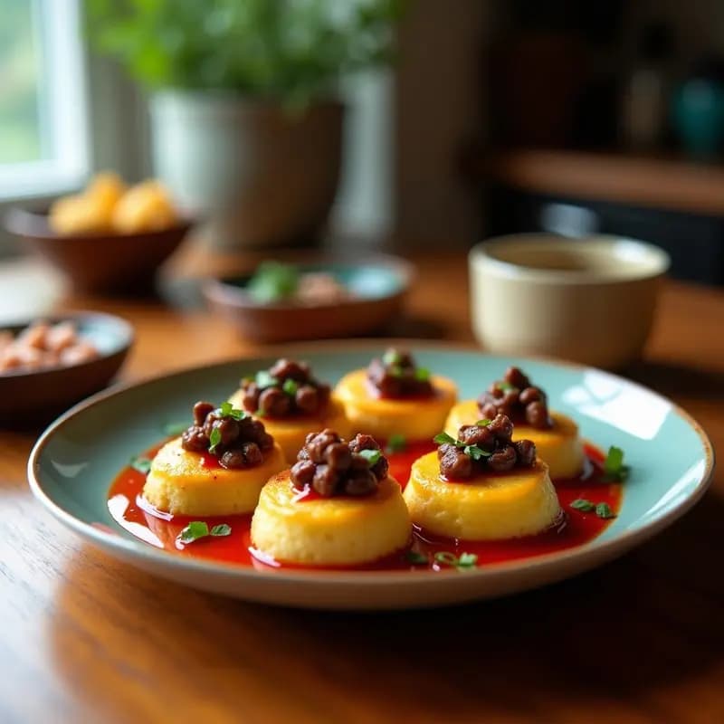 Tartaletas doradas de batata rellenas de hongos portobello salteados, con un hilo de salsa cremosa de romero y hojas frescas de romero como decoración, servidas en un plato de madera rústico sobre fondo claro.