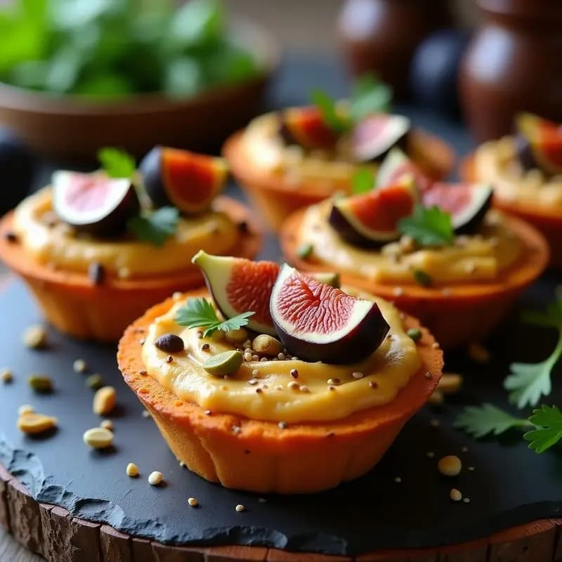 Tartaletas de base de batata dorada con relleno cremoso de hummus y higos caramelizados brillantes, decoradas con sésamo, perejil y pistachos. Entrante libanés viral y estético.