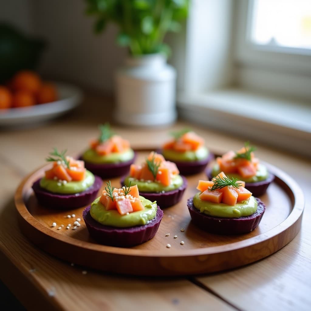 Tartaletas de base de batata morada con relleno cremoso de aguacate y salmón, decoradas con semillas de sésamo y eneldo fresco. Plato saludable, sin gluten y alto en omega-3, servido en bandeja de madera rústica.
