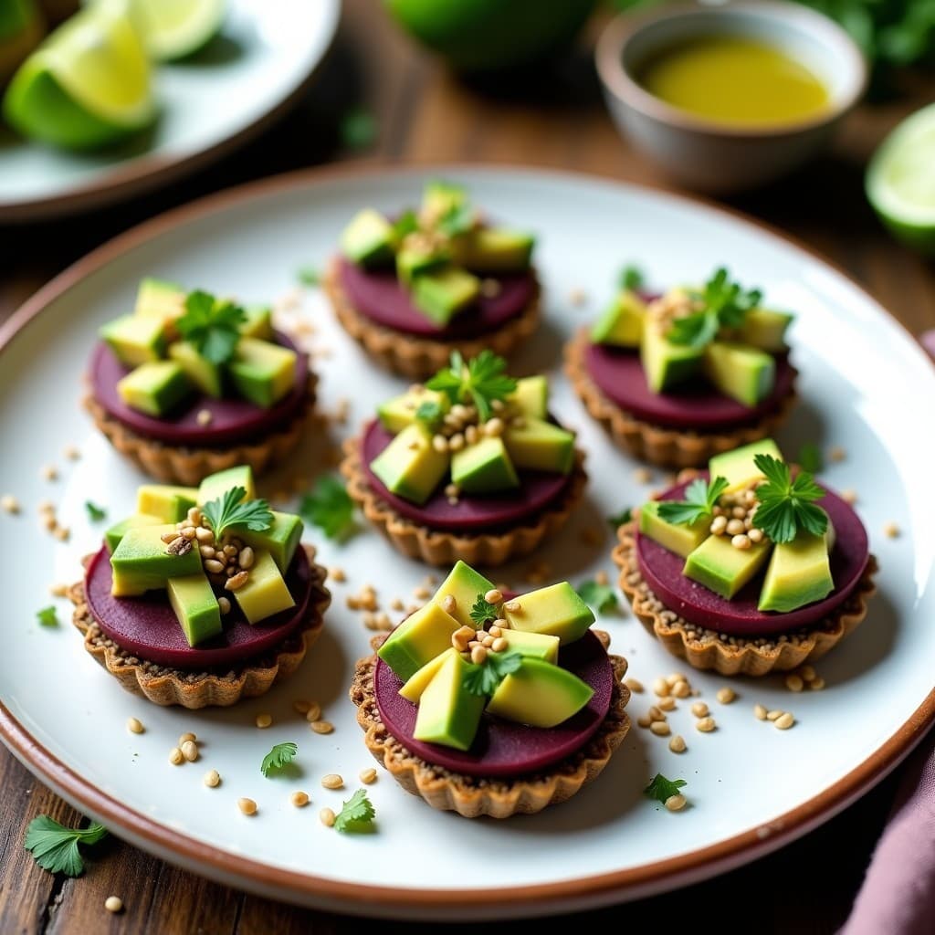 Tartaletas veganas peruanas con base crujiente de chía y quinoa, rodaja de batata morada, cubos de aguacate cremoso y vinagreta de lima brillante, decoradas con semillas de sésamo y microgreens en un plato blanco rústico.