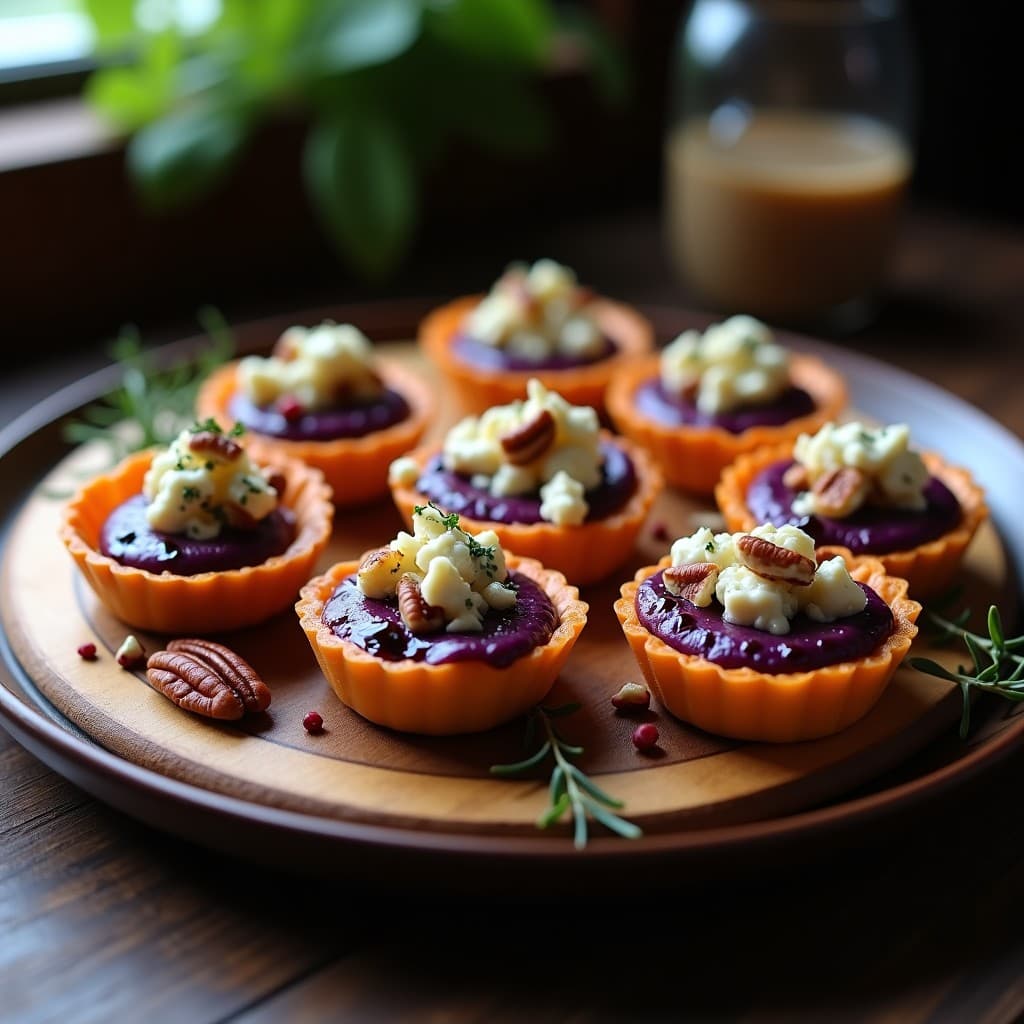 Tartaletas de batata morada y queso azul en molde dorado, con reducción de vino tinto brillante, nueces pecanas y pimienta rosada, servidas en bandeja de madera rústica.