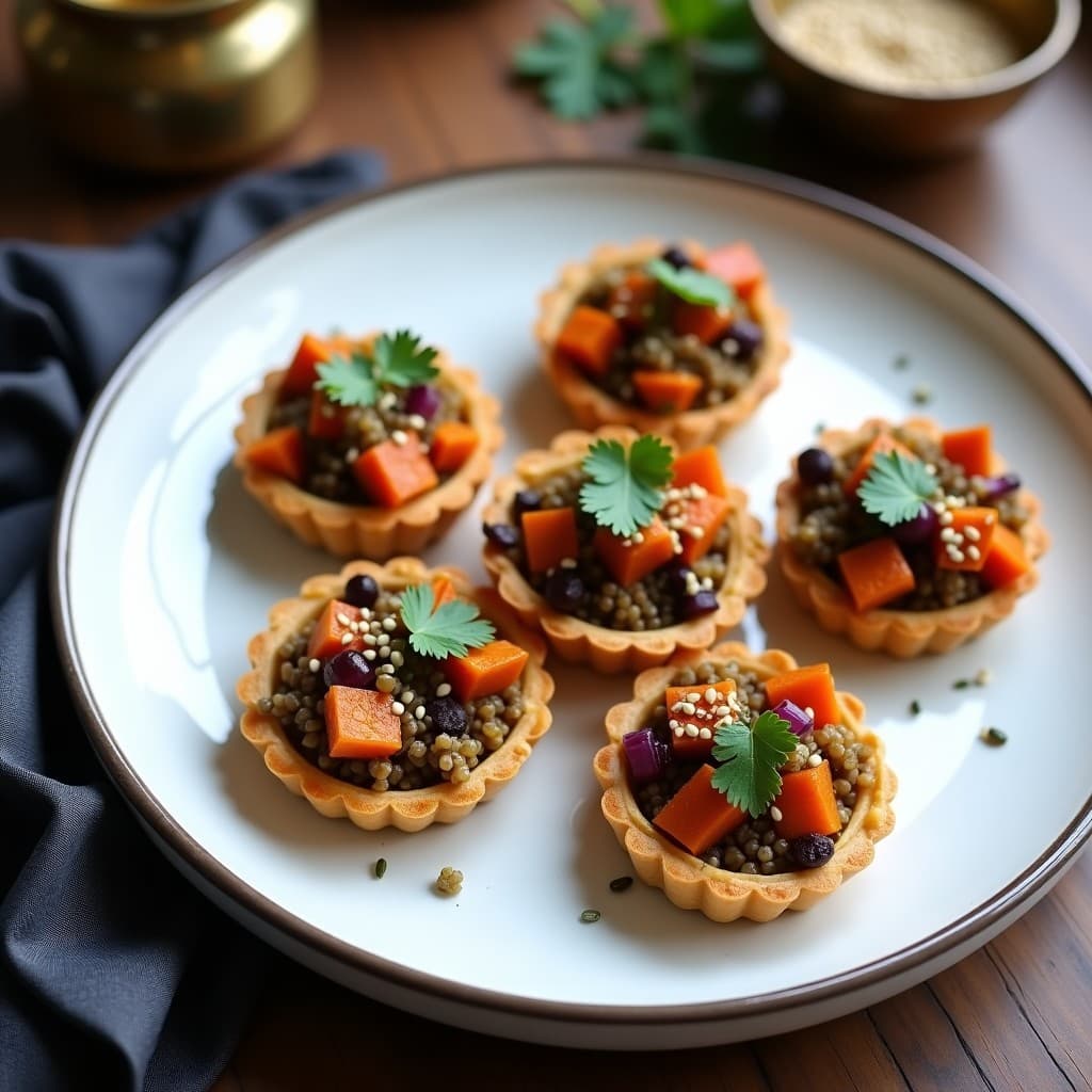Tartaletas doradas de batata morada y quinoa con semillas de sésamo, servidas en plato blanco con cilantro fresco y toques de tahini, receta vegana y sin gluten con influencia árabe.