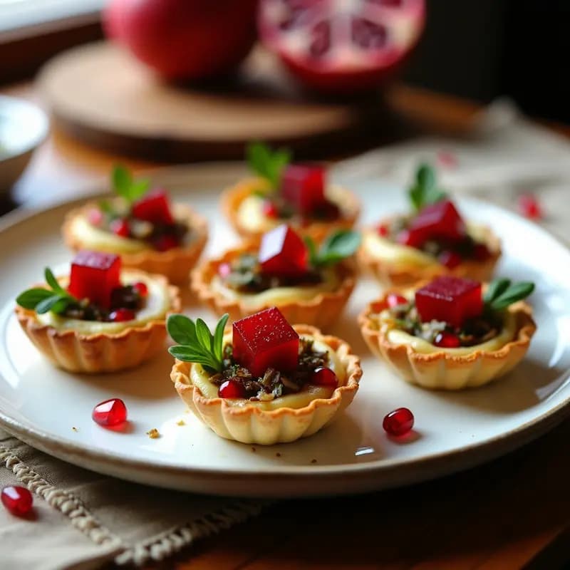 Tartaletas veganas elegantes con base crujiente de hojaldre, rellenas de queso cremoso de cashew, berros frescos y gelée de granada brillante, decoradas con semillas de granada y hojas de berro.