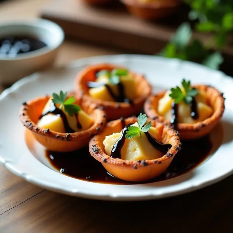 Tartaletas doradas de boniato con trozos de merluza cuajada en huevo, servidas en plato blanco con hilo de salsa de ajo negro y perejil fresco. Receta gourmet sin harina.