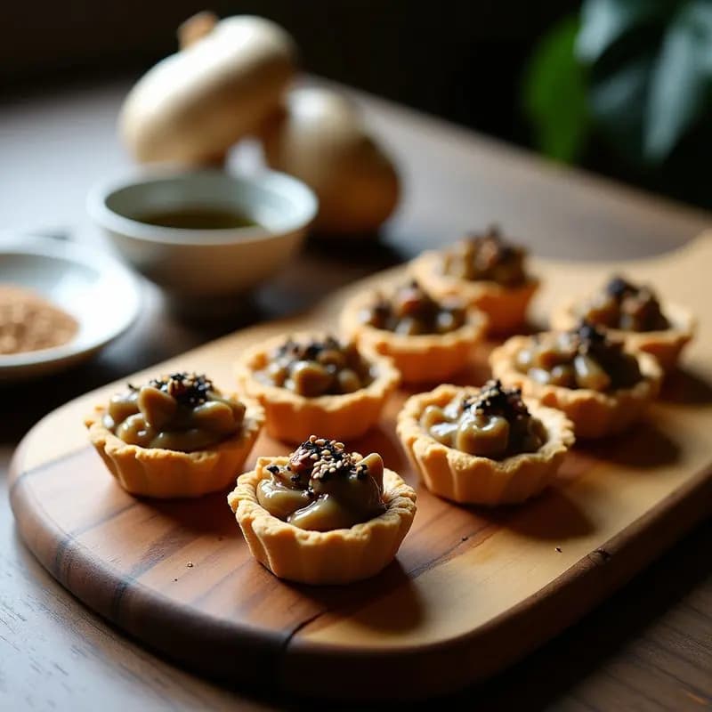 Tartaletas veganas japonesas con base dorada de cacahuete, rellenas de cremoso de hongos shiitake y decoradas con semillas de sésamo tostadas, servidas en bandeja de madera rústica.