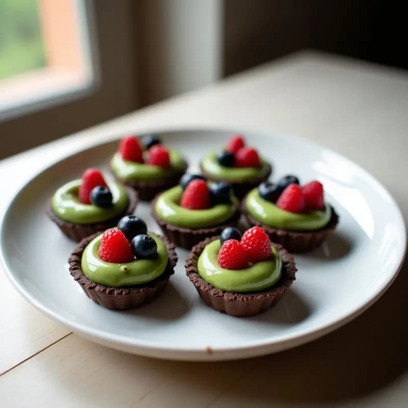 Tartaletas crudiveganas de base oscura de cacao y almendras, rellenas de crema verde de matcha y decoradas con frutos rojos frescos en un plato blanco rústico.