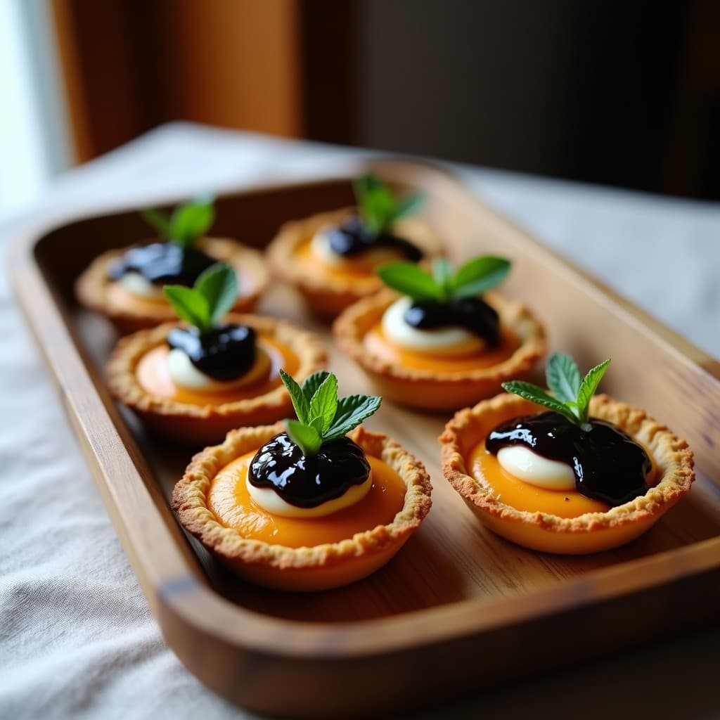 Tartaletas individuales con base dorada de almendra y coco, rellenas de puré de calabaza naranja, queso cremoso blanco de anacardos y un tope brillante de mermelada de higo negro. Presentadas en bandeja de madera con hojas de menta como decoración.
