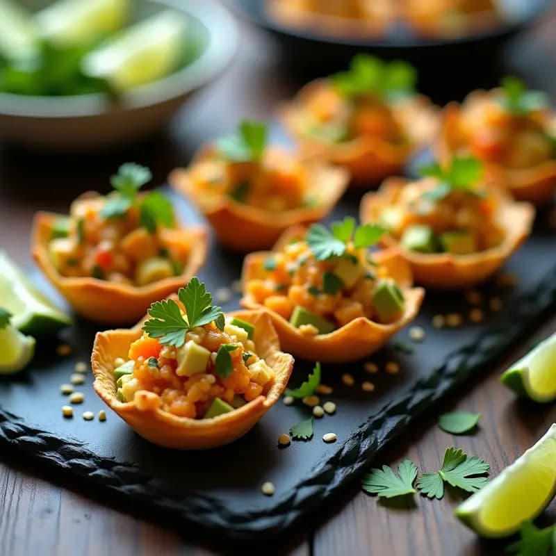 Tartaletas doradas crujientes rellenas de aguacate cremoso y cangrejo vegano de jackfruit, coronadas con salsa de mango habanero de color vibrante y semillas de sésamo. Plato de aperitivo thai vegano con texturas contrastantes.